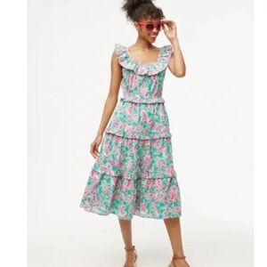 J. Crew Printed Floral Ruffled Tiered Midi Dress Pockets Green & Pink Size‎ 12